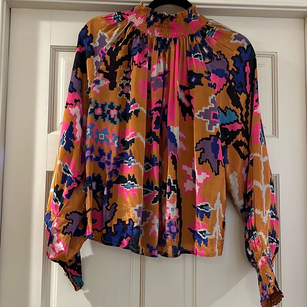 Oliphant smocked turtleneck ikat blouse